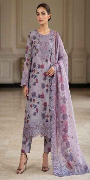 Premium Embroidered Luxury Lawn - Exquisite Lilac Flora