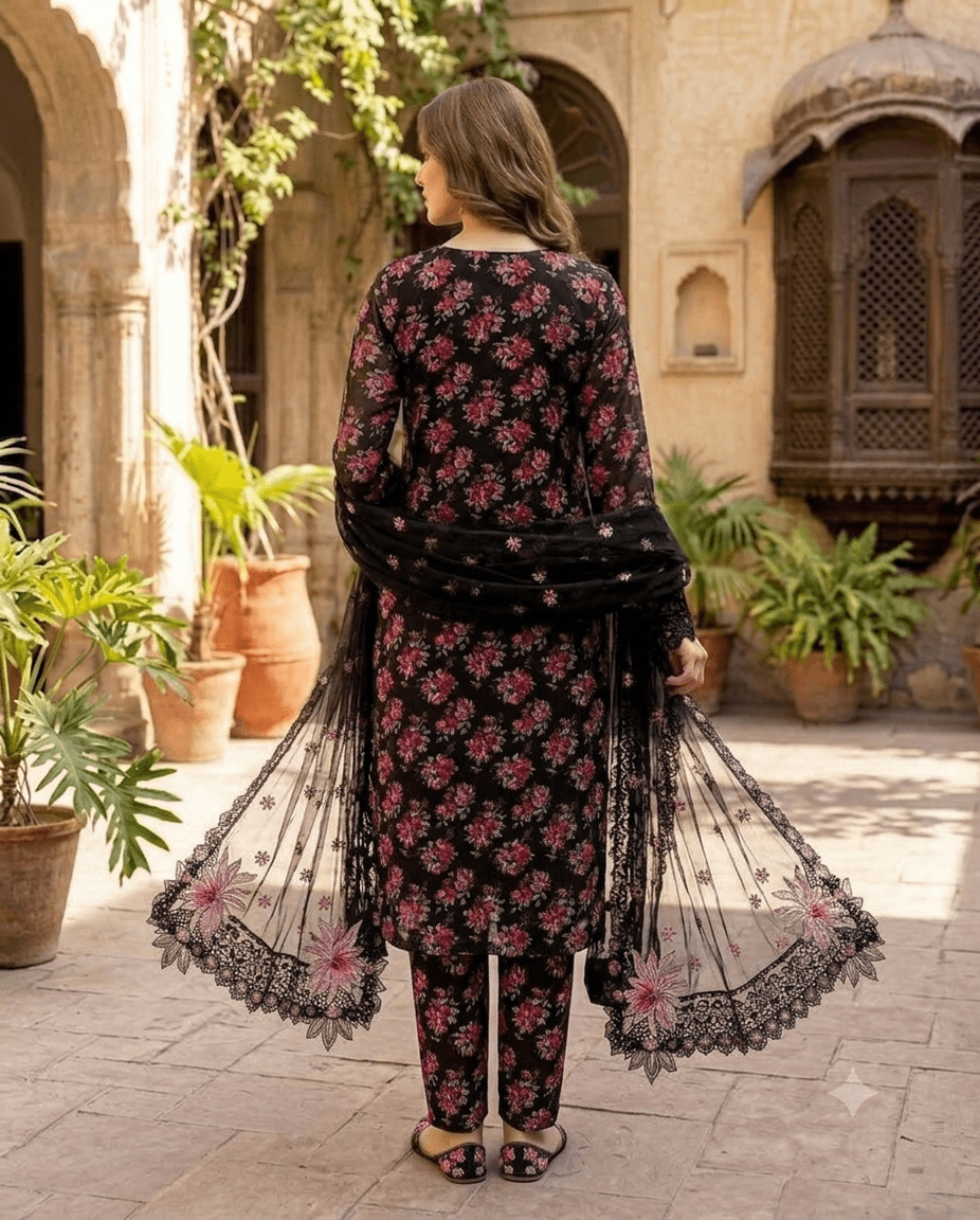 Premium 3-Piece Embroidered Luxury Lawn Suit – Midnight Rose-Black - Image 3