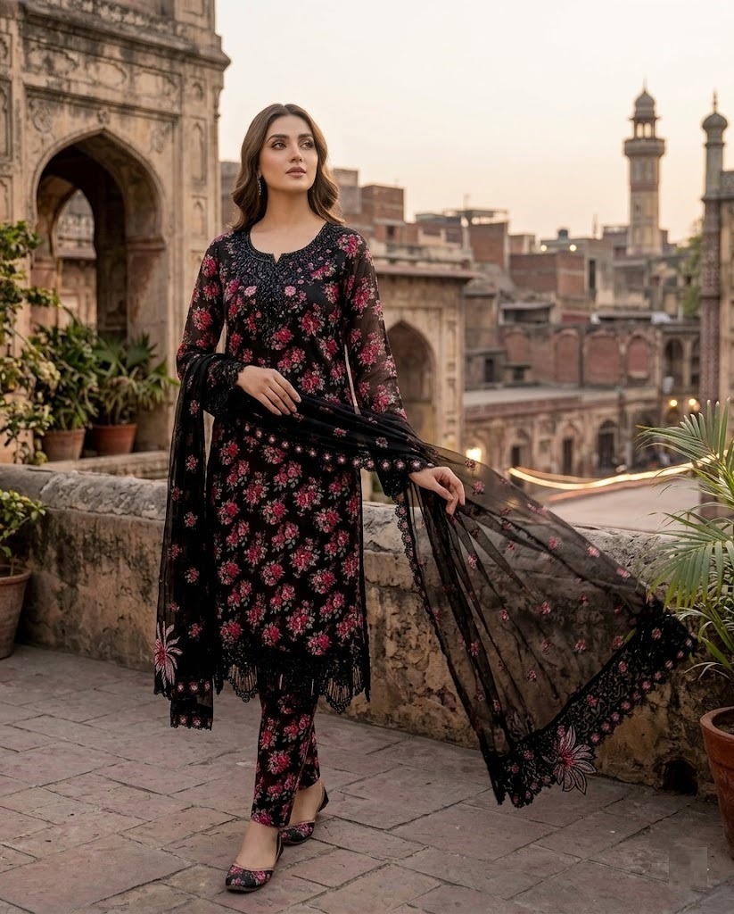 Premium 3-Piece Embroidered Luxury Lawn Suit – Midnight Rose-Black - Image 2