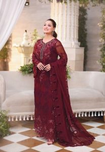 Luxury Embroidered Chiffon 3-Piece Maroon Suit