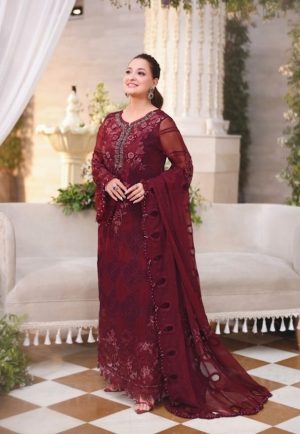 Luxury Embroidered Chiffon 3-Piece Maroon Suit
