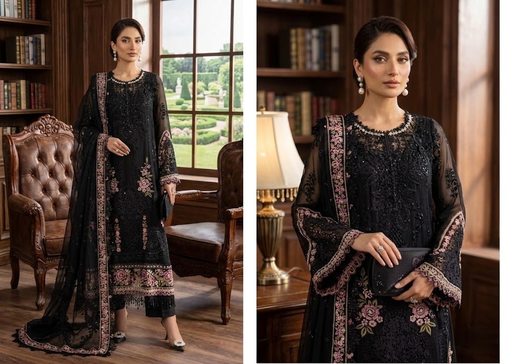 Luxury Embroidered Chiffon Wedding Festive Suit – Midnight Black - Image 2