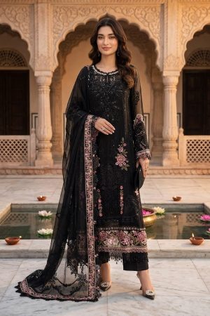Luxury Embroidered Chiffon Wedding Festive Suit – Midnight Black