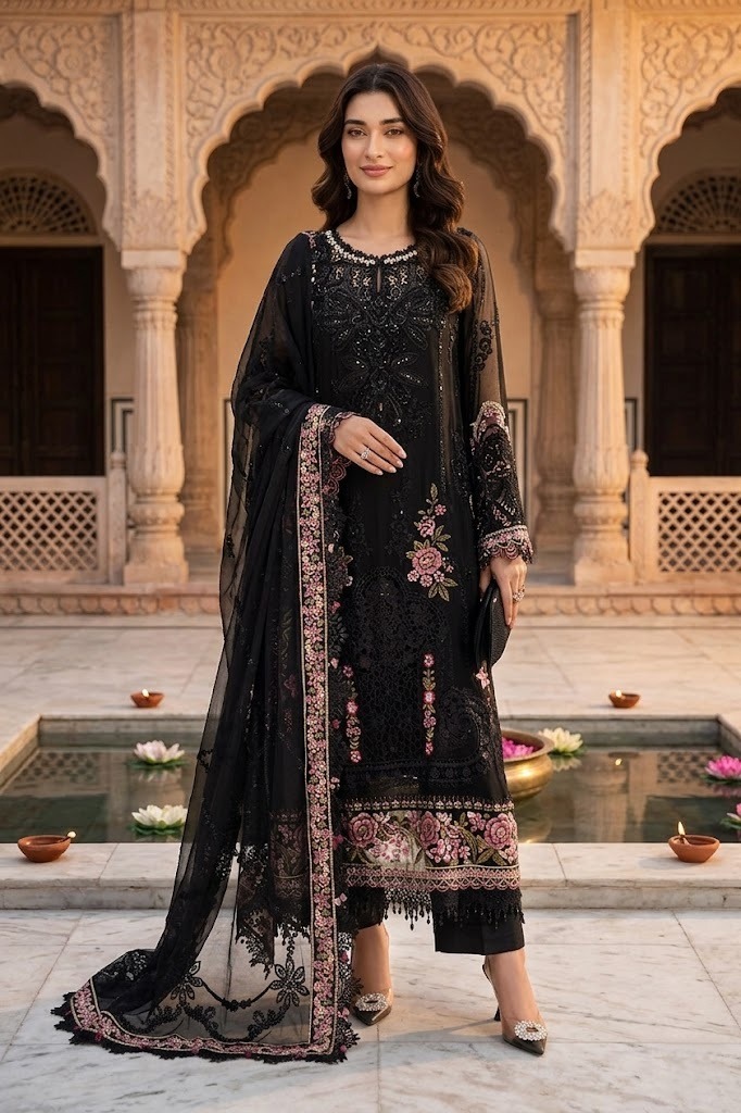 Luxury Embroidered Chiffon Wedding Festive Suit – Midnight Black