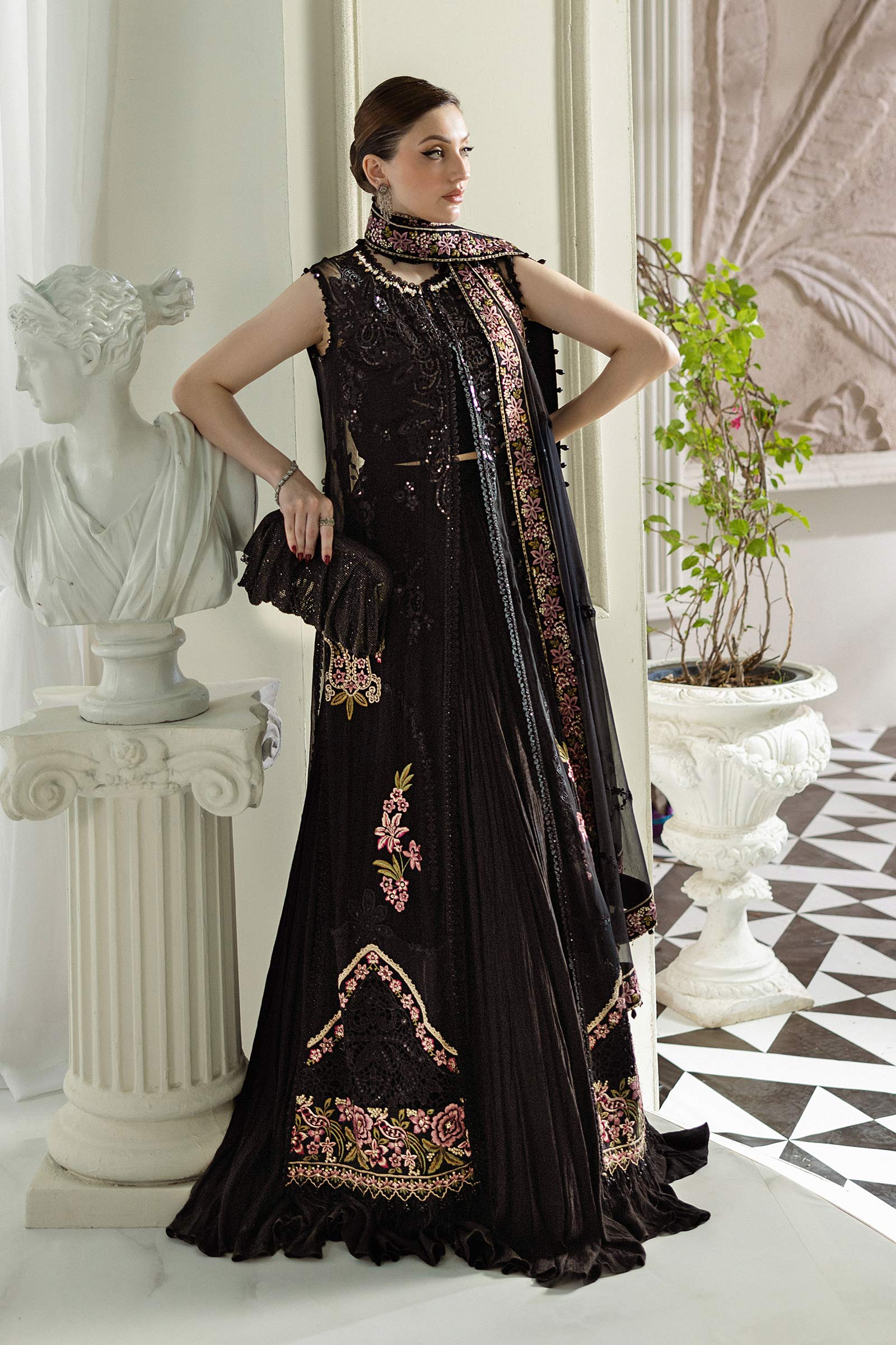 Luxury Embroidered Chiffon Wedding Festive Suit – Midnight Black - Image 3