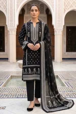Ethnic Motif Printed 3-Piece Black Lawn Suit
